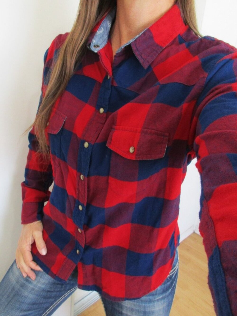 JACHS Girlfriend Top Size Large Red/Blue Button Down Flannel Shirt